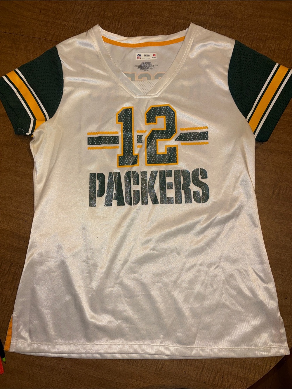 Green Bay Packers Aaron Rodgers White Jersey with Gold Glitter Womens L